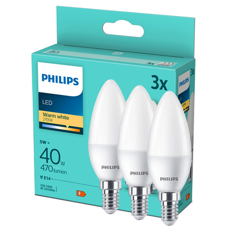 3x LED Lampen E14 Kerze B35 4.9W = 40W 470lm 2700K Warm Philips