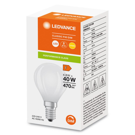 LED Lampen P45 E14 4.8W = 40W 470lm 2700K Warmweiß FILAMENT DIMMABLE LEDVANCE