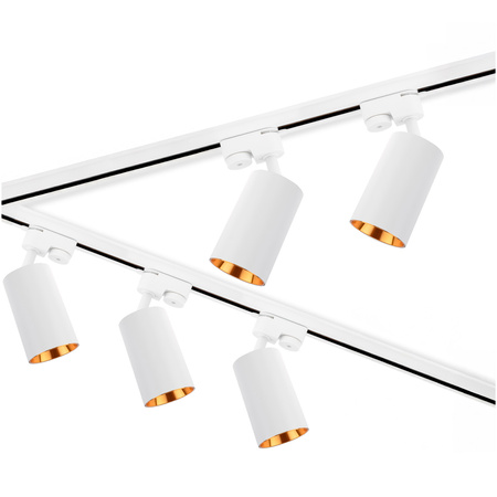 3m Stromschiene Weiß + 5x Schienenstrahler GU10 Weiß-Gold SAGI + L-Verbinder LUMILED