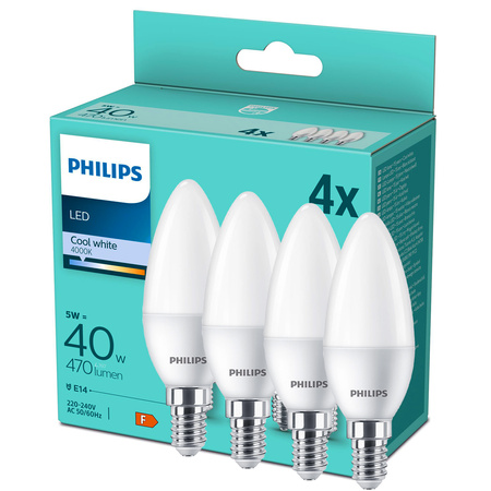 4x LED Lampen E14 B35 4.9W = 40W 470lm 4000K Neutral Milk PHILIPS