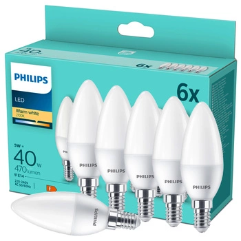 6x LED-Lampe E14 Kerze B35 4.9W = 40W 470lm 2700K Warm Essential Philips