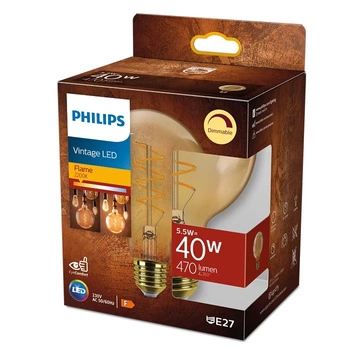 Globe E27 G95 LED Lampen 5,5 W = 40 W, 470 lm, 2200 K, warmes Filament, bernsteinfarben, PHILIPS, dimmbar