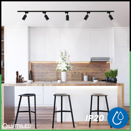 3m Stromschiene Schwarz + 5x Schienenstrahler GU10 Schwarz-Gold SAGI + L-Verbinder LUMILED