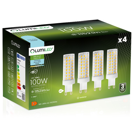 Set mit 4 LED-G9-Kapsellampen 12W = 100W 1152lm 6500K kalt 360° LUMILED