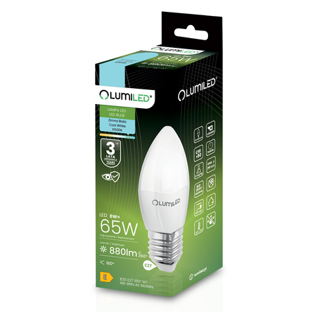 LED-Lampe E27 Kerze B35 8W = 65W 880lm 6500K Kalt 180° LUMILED