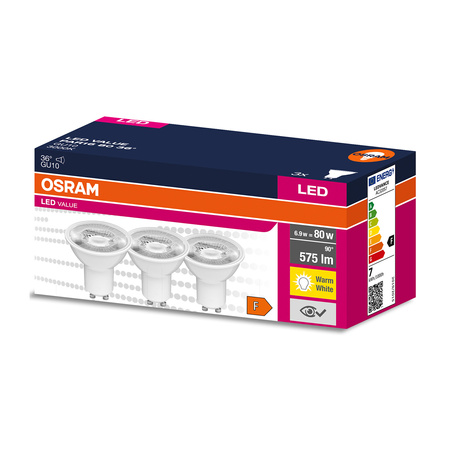 3x LED Leuchtmittel GU10 6,9W = 80W 575lm 3000K Warm 36° OSRAM Value