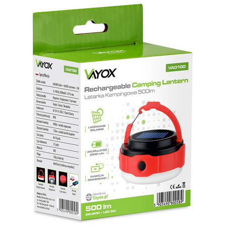 Wiederaufladbare Camping-Taschenlampe 500lm 3000K-6500K Solar USB-C Powerbank VA0100 VAYOX