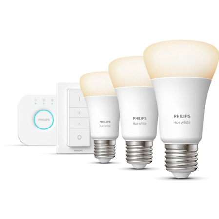3PAK LED-Glühbirne E27 A60 9.5W 2700K Warm PHILIPS HUE Weiß Bluetooth Zigbee + Hue Bridge + Dimmschalter