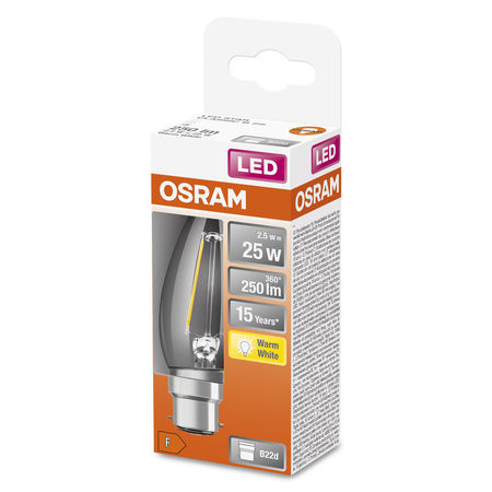 LED-Lampe B35 Kerze B22d 2.5W = 25W 250lm 2700K Warm 300° Retrofit Glühfaden CLASSIC Osram