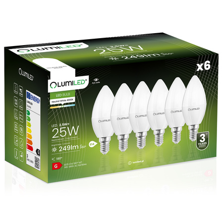 6x LED Lampen E14, Kerzenform Lampe B35 2.5W = 25W 249lm 180° 4000K neutral LUMILED