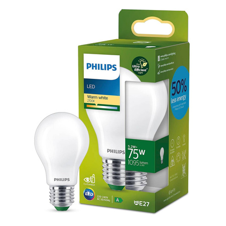 E27 A60 LED Lampen 5,2 W = 75 W, 1095 lm, 2700 K, warmes Filament, milchig, PHILIPS, ultraeffizient