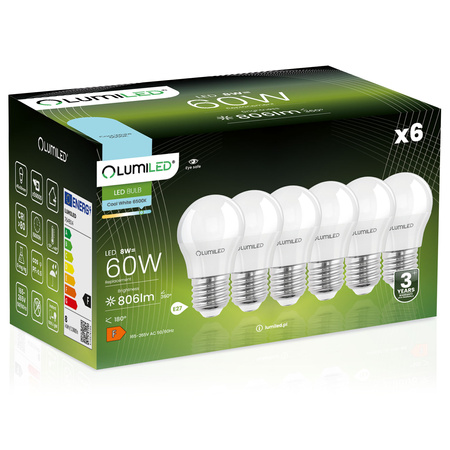 6x LED Lampen E27, Glühbirne P40 8W = 60W 806lm 180° 6500K kalt LUMILED