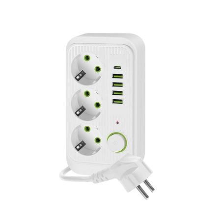 KOBI LINEA PRO Verlängerungskabel 3x230V 3m Masse, Schalter und 5xUSB Weiß