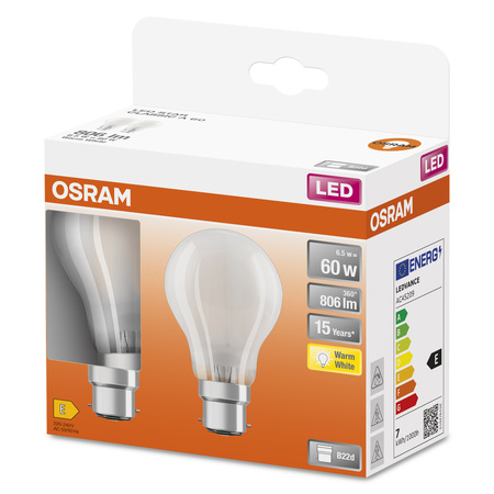 2x LED Glühbirne A60 B22d 6.5W = 60W 806lm 2700K Warm 300° Retrofit Glühfaden CLASSIC Osram