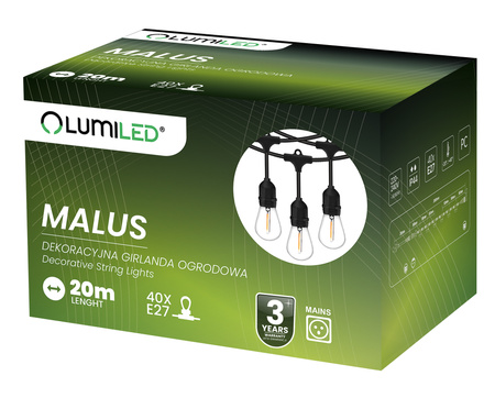 LED Außen-Lichterkette 40x E27, Garten Lichterkette 20m MALUS LUMILED