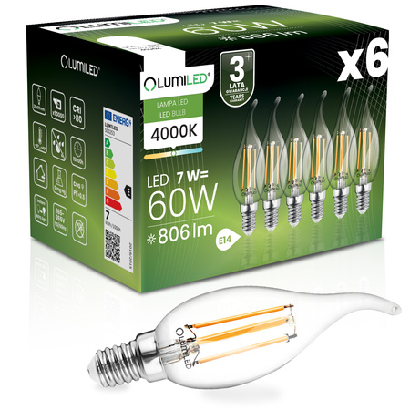 6x LED Lampen E14, Glühbirne Flame B35 7W = 60W 770lm 360° 4000K neutral Glühfaden LUMILED