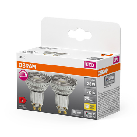 2x LED PAR16 Reflektor GU10 3.4W = 35W 230lm 2700K Warm CRI90 36° Dimmbar SUPERSTAR Osram