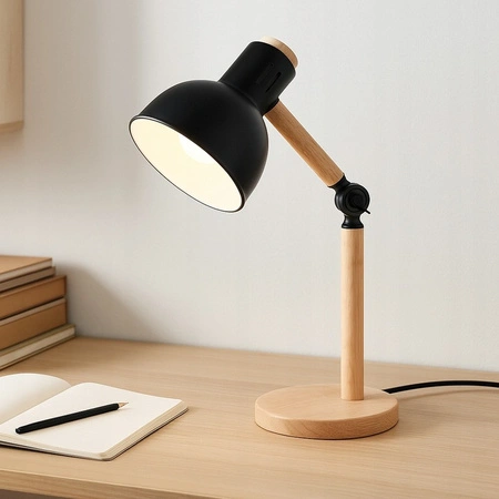 Schreibtischlampe Tisch Verstellbar E27 Schule Nachtschalter Ein/Aus Schwarz Braun Woody Masterled