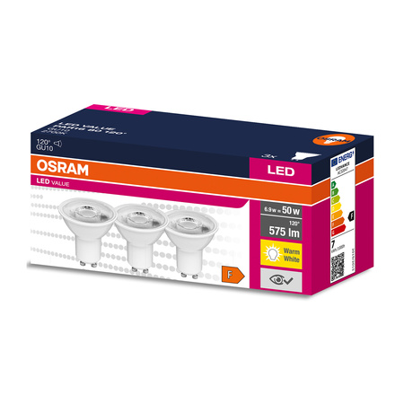 3PAK LED-Lampe GU10 6,9W = 50W 575lm 2700K Warm 120° OSRAM VALUE