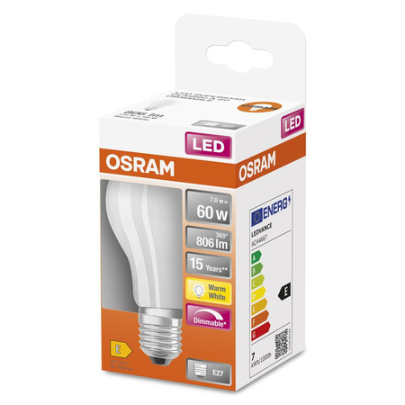 E27 LED Leuchtmittel 8,5W = 60W 806lm 2700K Warm 300° CRI80 OSRAM Dimmbar