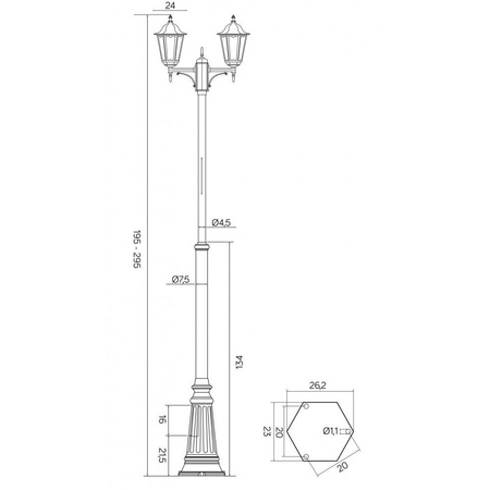 Outdoor-Gartenlampenmast LATERNE E27 Retro Classic OGMWN 2 195-295 cm schwarz Su-Ma