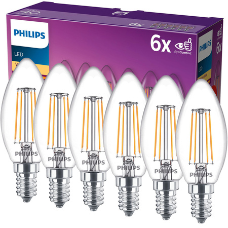 Set mit 6 LED-Kerzenlampen E14 B35 4,3 W = 40 W, 470 lm, 2700 K, warmes Filament PHILIPS