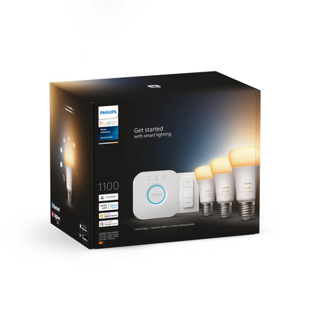 3PAK LED-Glühbirne E27 A60 8W CCT PHILIPS HUE White & Ambiance Bluetooth Zigbee + Hue Bridge + Dimmschalter