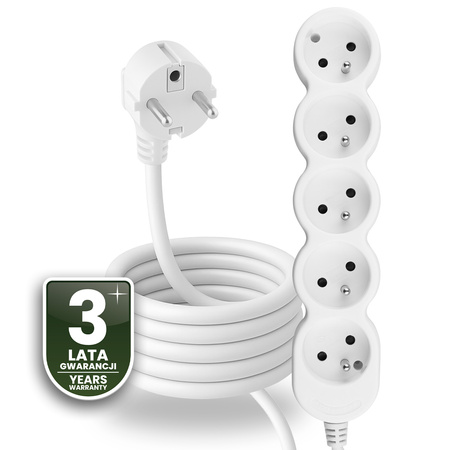 Netzverlängerungskabel Geerdete Steckdosenleiste 5 Steckdosen 3m Weißes Kabel Lendo Lumiled
