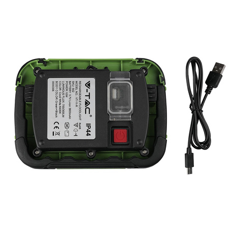 LED Fluter 10W 700lm 6400K IP44 Grün+Schwarz USB wiederaufladbar mit SOS-Funktion Samsung Chip VT-11-R V-TAC