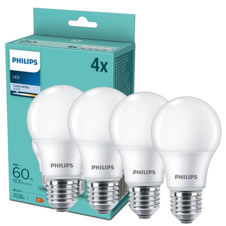 4x LED Lampen E27 A60 9W = 60W 806lm 4000K Neutral Milk PHILIPS