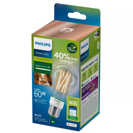 LED-Glühbirne E27 A60 4.3W = 60W 903lm 2700-4000K TW FILAMENT UltraEfficient Smart SMART WiFi Bluetooth App WiZ Philips