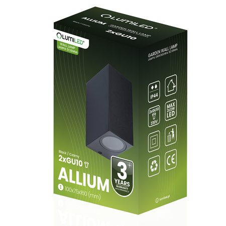 Wandleuchte Außen 2x GU10, Garten-Wandleuchte Schwarz Quadratisch ALLIUM LUMILED
