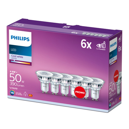 Set mit 6x LED-Halogenlampen GU10 PAR16 4,6W = 50W 390lm 4000K Neutral 36° PHILIPS