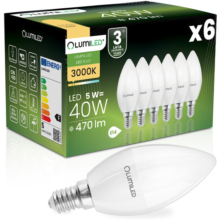 6x LED Lampen E14, Kerzenform Lampe B35 5W = 40W 470lm 180° 3000K warm LUMILED