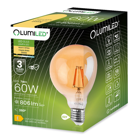 Dekorative LED Lampen E27, Glühbirne G125 7W = 60W 806lm 2000K warm 360° Globe Amber Glühfaden LUMILED