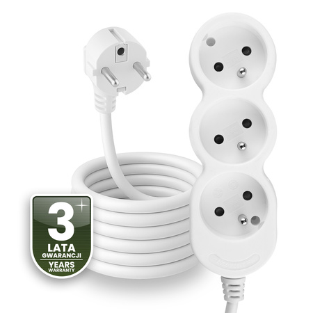 Netzverlängerungskabel geerdete Steckdosenleiste 3 Steckdosen 5m weißes Kabel Lendo Lumiled