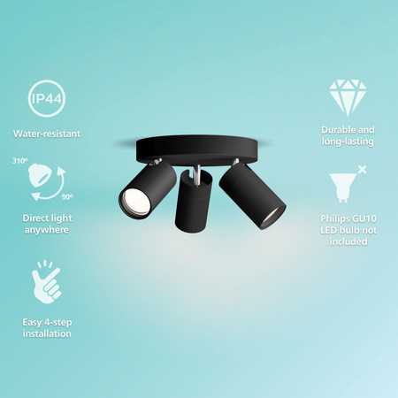 Reflektor-Deckenleuchte 3x GU10 IP44 Schwarz Kosipo Philips