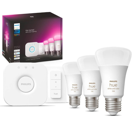 3PAK LED-Glühbirne E27 A60 9W CCT RGB PHILIPS HUE White & COLOR Ambiance Bluetooth Zigbee + Hue Bridge + Dimmerschalter