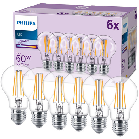 Set mit 6x E27 A60 LED-Glühbirne 7W = 60W 850lm 4000K Neutralfaden PHILIPS