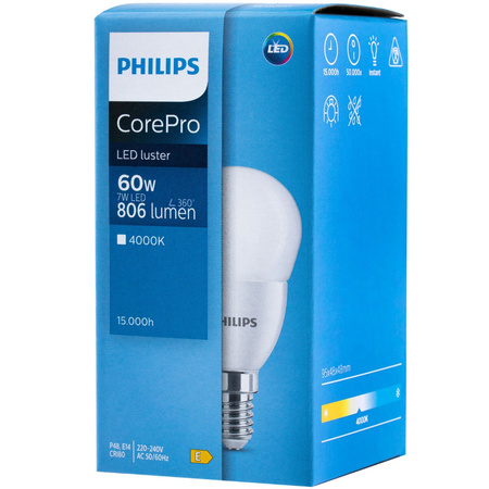 E14 LED Lampen 7W = 60W 806lm 4000K Neutral BALL PHILIPS
