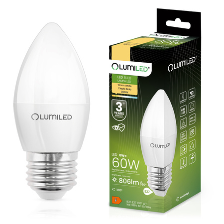 LED Lampen E27, Glühbirne B35 8W = 60W 806lm 180° 3000K warm LUMILED