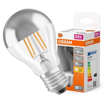 E27 A60 LED Lampe 6,5 W = 34 W, 650 lm, 2700 K, warm, OSRAM-Spiegelsilber