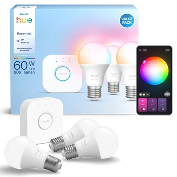 3x LED-Glühbirne E27 A60 8W = 60W 806lm 2200-6500K CCT + RGB SMART Smart Bluetooth ZigBee Weiß und Farbe Ambiance + Bridge Bridge Philips HUE Starter Kit