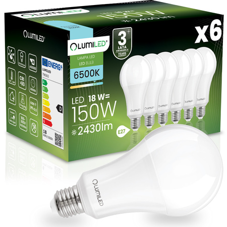 6x LED-Lampe E27 A70 18W = 150W 2430lm 6500K Kalt 260° LUMILED