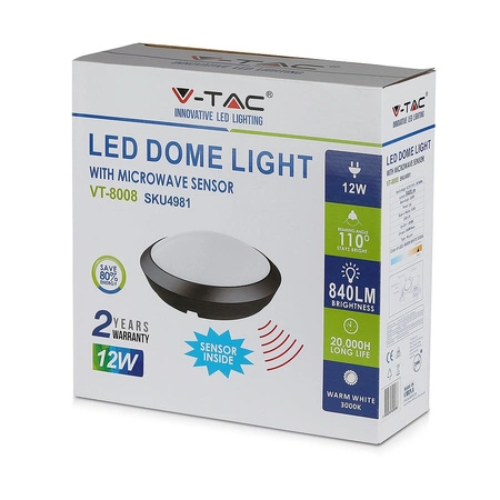 LED Deckenaufbauleuchten Deckenleuchte 12W 3000K 840lm IP66 Rund mit Mikrowellensensor Schwarz VT-8008 V-TAC