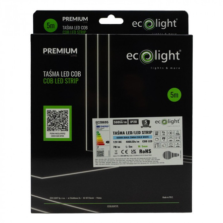 LED-Streifen COB 7W/m 560lm/m 480LED/m 12V 6000K Kalt IP20 Rolle 5m Ecolight