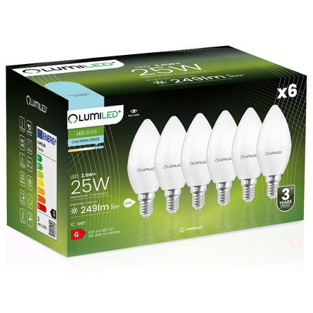 6x LED Lampen E14, Kerzenform Lampe B35 2.5W = 25W 249lm 180° 6500K kalt LUMILED