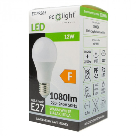 LED-Lampe A60 E27 12W 1080lm 3000K Warm Ecolight