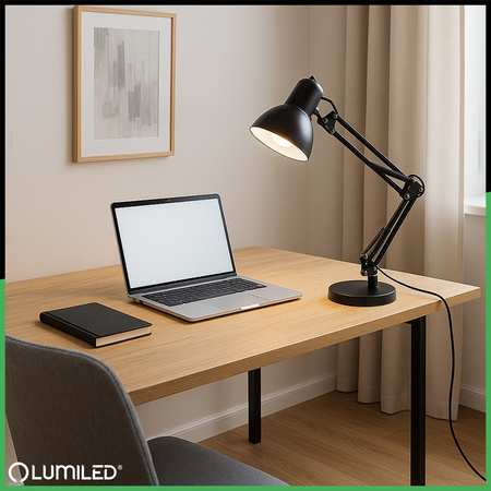 Schreibtischlampe E27, Zeichentisch-Schreibtischlampe mit Tischklemme Schwarz TOBI LUMILED