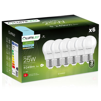 Set mit 6x LED-Glühbirne E27 P40 2.5W = 25W 249lm 6500K Kalt 180° LUMILED